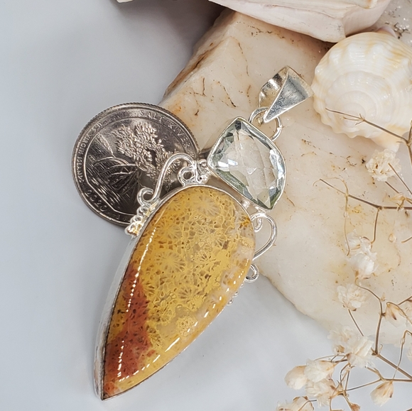 Natural Coral Fossil/Topaz Stone Silver Pendant - Picture 3 of 4